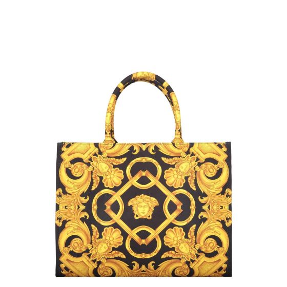 Large Jacquard Canvas Tote Bag with Leather Trim