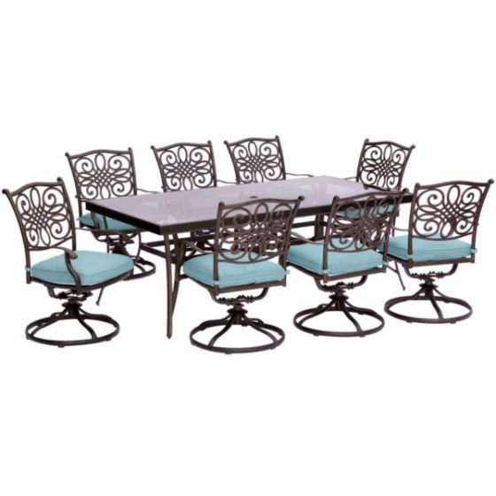 Traditions 9-Piece Dining Set in Blue with Extra Large Glass-Top Dining Table