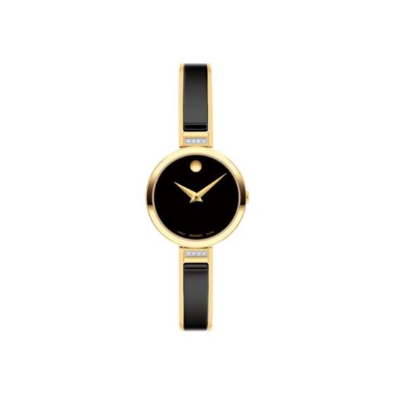 Moda Ladies. Yellow PVD Case w/Diamonds. Yellow PVD & Black Ceramic Bangle Bracelet. Black Dial