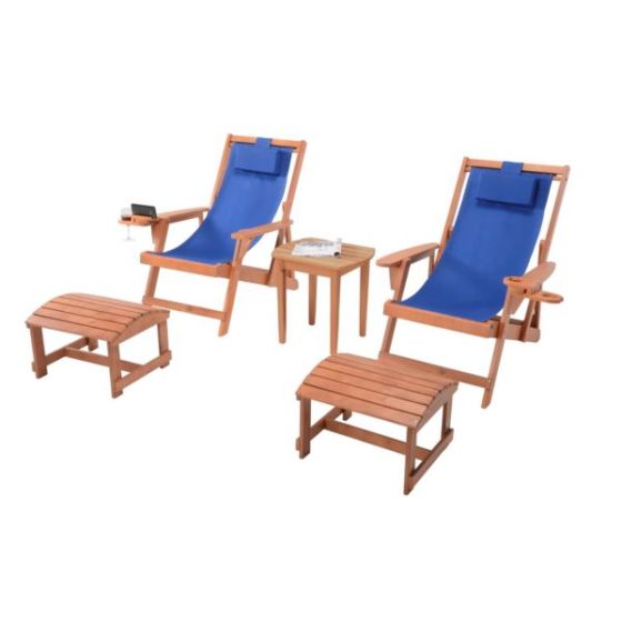 Romantic Collection - 2 Canvas Sling Chairs w/Beverage Holder, 2 Ottoman, & 1 End Table - Walnt, Blu