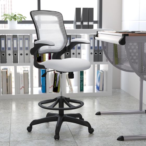 Mid-Back White Mesh Ergonomic Drafting Chair with Foot Ring and Flip-Up Arms