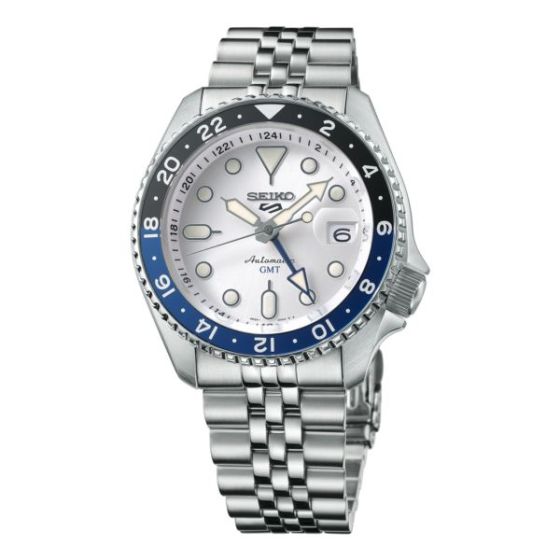 Men's Seiko 5 Sports SKX GMT Silver Stainless Steel Watch Silver Dial