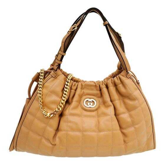 Gucci Deco Fringe Medium Leather Tote Bag Camelia Beige