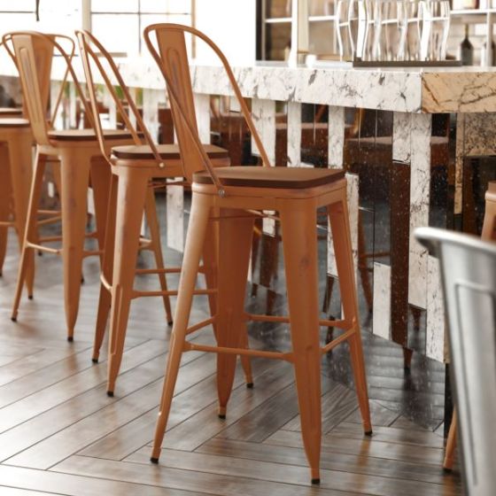 All-Weather Bar Height Stool with Poly Resin Seat - Orange/Teak
