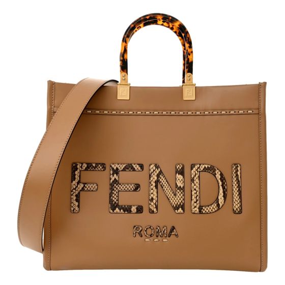Fendi Sunshine Tan Leather Snake Print Logo Large Tote