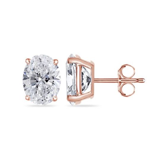 Bright White Pinnacle Oval Lab Grown Diamond Stud in 14K Rose Gold 3.00ct,Color-GH,Clarity-VVS