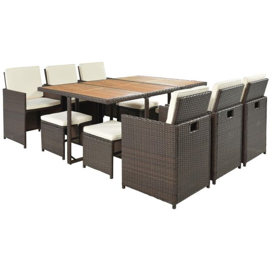 11-Piece Rattan Wicker Patio Dining Table Set - Brown Rattan w/Beige Cushions