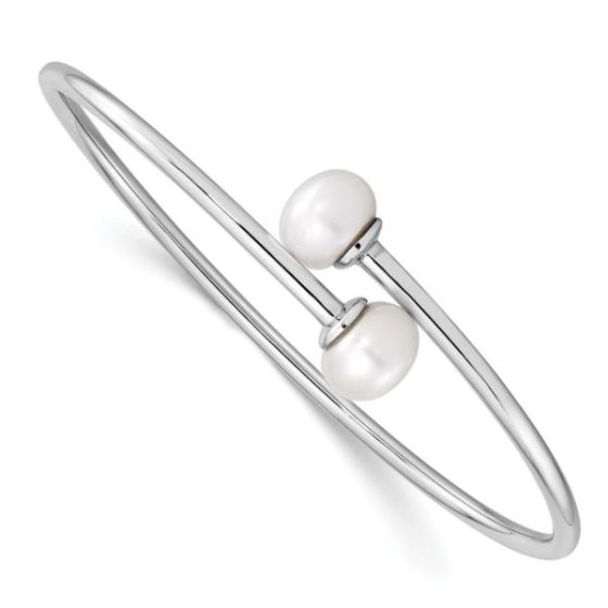 Sterling Silver 9-10mm White Freshwater Cultured Pearl Flexible Cuff Bangle