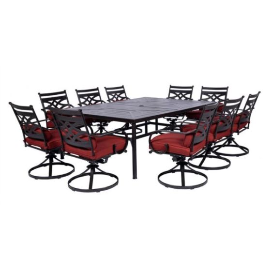 Montclair 11-Piece Dining Set in Chili Red with 10 Swivel Rockers and a 60-In. x 84-In. Table