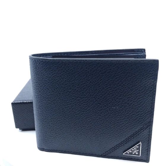 Prada Mens Vitello Micro Grain Navy Blue Leather Triangle Logo Bifold Wallet