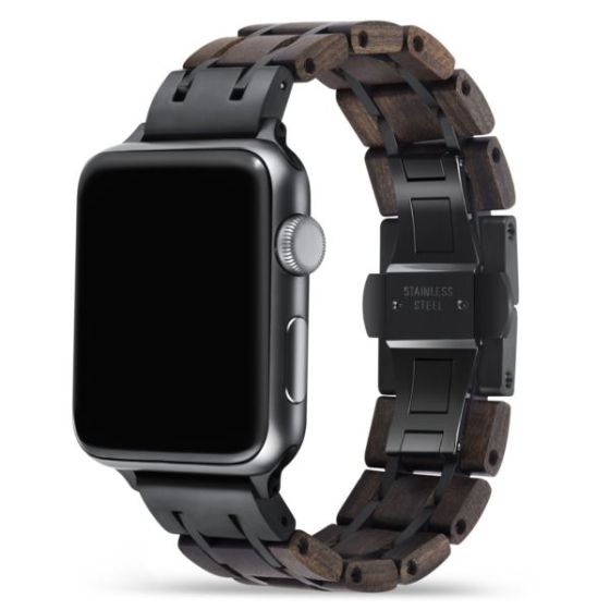 Black Sandalwood + Stainless Steel Wooden Apple Watch Bands, Large (42mm, 44mm, 45mm)
