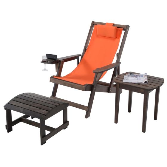 Romantic Collection - Canvas Sling Chair w/Beverage Holder, Ottoman, & End Table - Dk Brown, Orange