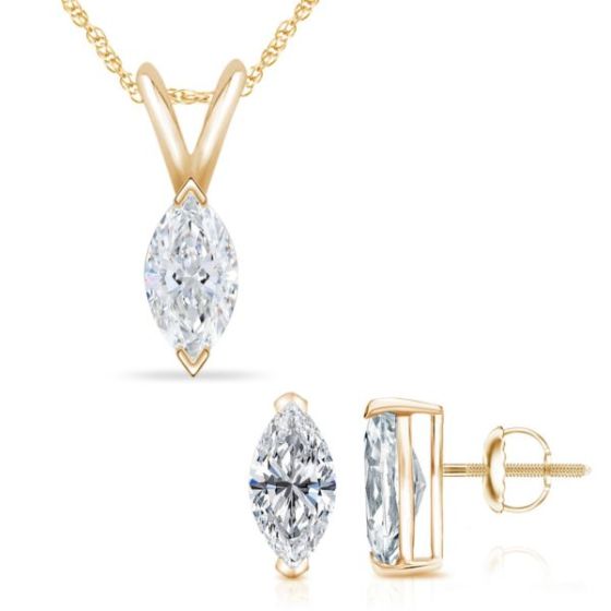 Bright White Pinnacle Marquise cut Lab Grown Diamond Screwback Set in 14K Yellow Gold 1.00ct, GH,VVS
