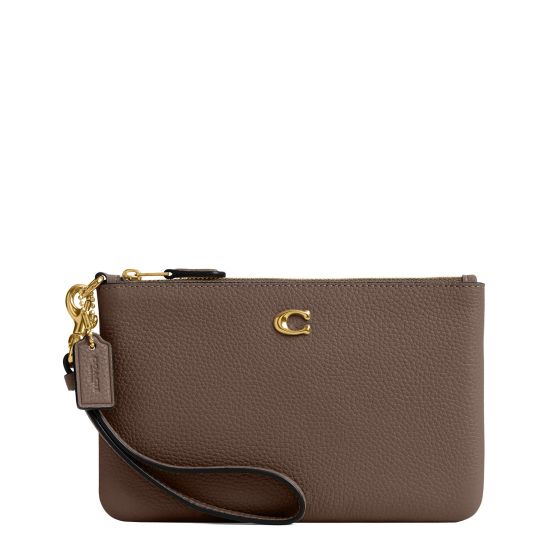 Polished Pebble Leather Small Wristlet - Dark Stone/Brass