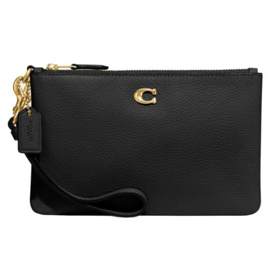 Polished Pebble Leather Small Wristlet - Black/Brass