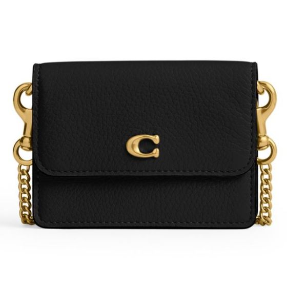 Polished Pebble Leather Essential Half Flap Card Case - Black/Brass