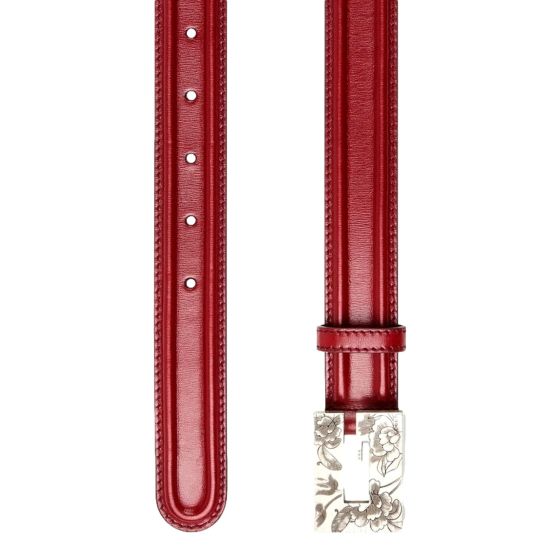 Gucci Memorable Floral Engraved G Buckle Leather Belt Burgundy 80/32