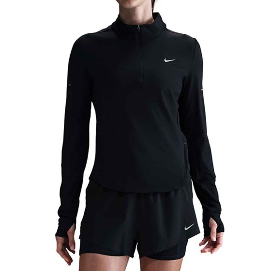 Nike Swift women's Dri Fit Uv 1/4 zip running top is a lightweight mid layer built with 88% polyester and 12% spandex for soft stretch and mobility. Dri Fit fabric wicks sweat to help keep you dry, while modified raglan sleeves reduce underarm chafing. A 