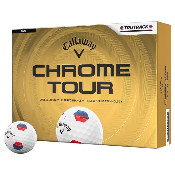 Callaway Chrome Tour TruTrack 26 Blue Red Golf Balls deliver tour level performance with visual roll feedback and alignment. A Tour Fast mantle and optimized core and layer system promote faster ball speeds and consistent flight, supported by an aerodynam