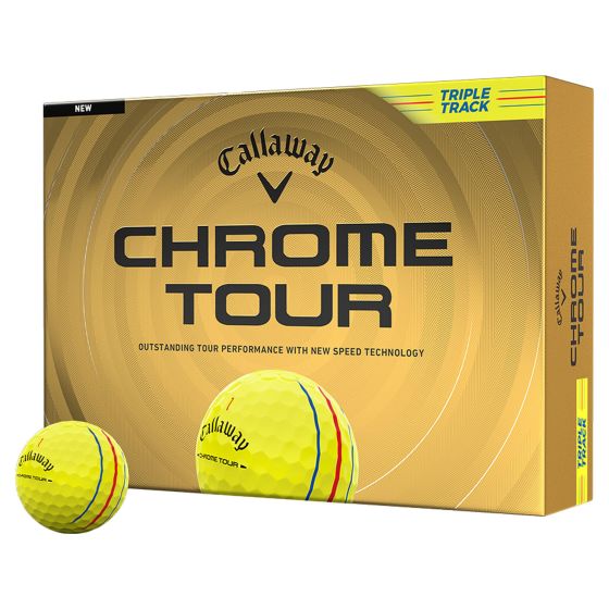 Callaway Chrome Tour Triple Track 26 Yellow Golf Balls deliver tour level performance with enhanced alignment and visibility. A Tour Fast mantle and optimized core and layer system promote faster ball speeds and consistent flight, supported by an aerodyna