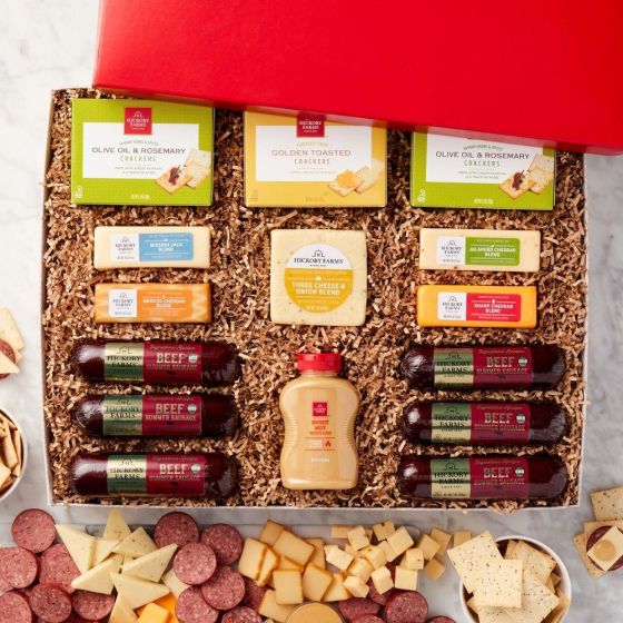 This collection is filled with our all-time favorites! Signature Beef Summer Sausage, five of our delicious creamy cheeses, our best-selling gourmet mustard, and two kinds of crispy crackers can create endless delicious flavor combinations. Perfect for th