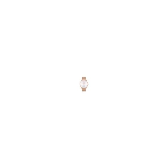 Coach Elliot Ladies. 36mm Rose gold Plated Case. Silver/White Sunray detailed with rose gold tone markers and the Coach Tea Rose motif at 12 o'clock . Rose Gold Plated Mesh Bracelet with sliding buckle. Mineral crystal. Quartz movement. Water Resistant to