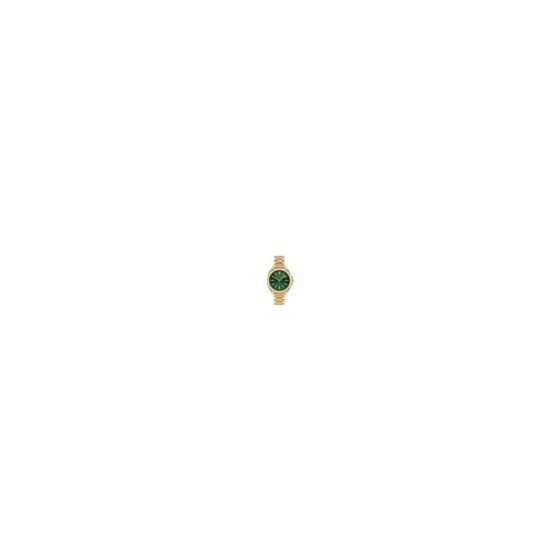 Coach Kitt Ladies. 34mm Gold Plated Case. Gold Plated Bracelet with push button deployment clasp. Green Dial with Diamond Dust Gold Plated Markers. Mineral crystal. Quartz movement. Water Resistant to 99 feet.