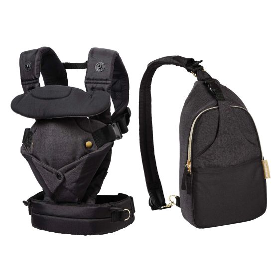 Carrier converts to grow with your baby and offers comfortable support. 4 Ways to carry: Facing-in folded Facing-in Expanded Facing-out folded Back carry. Diaper bag - 2 external pockets 1 internal bottle pocket. Crossbody diaper bag attaches to carrier o