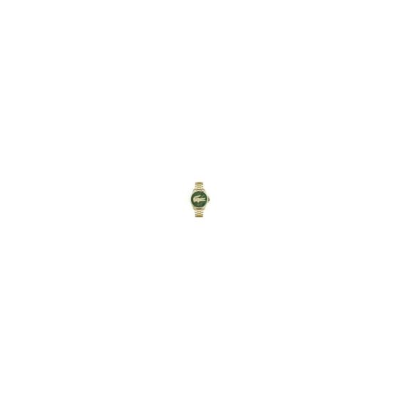 Lacoste Le Croc Gents Watch. 43MM Yellow Gold IP Case. Green Dial with Large Crocodile. Yellow Gold lP Bracelet with push button deployment clasp.  Mineral Crystal. Water Resistant to 3 ATM. 1 Year Limited Warranty. Quartz Movement