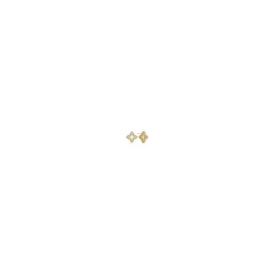 Petite Venetian Princess Diamond Cut Out Earrings in 18k Yellow Gold. Each earing measures 10 mm. Ct Weight: 0.30, GH SI1. Signed with the signature Roberto Coin Ruby.