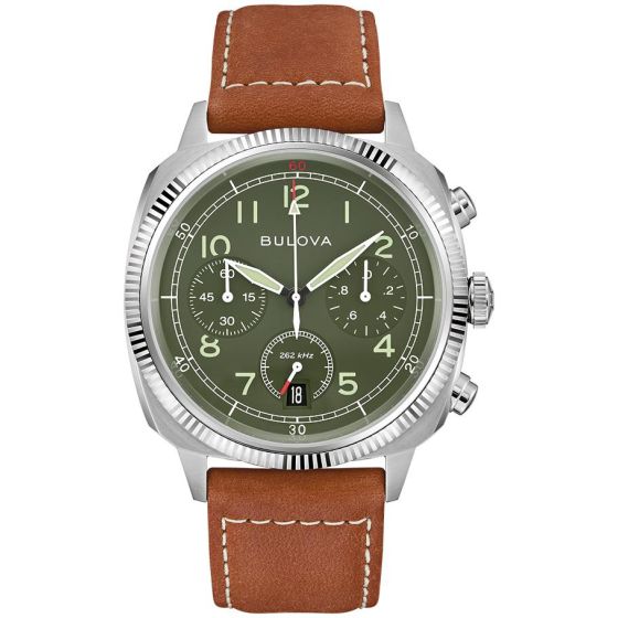 Bulova's latest military-inspired timepiece is a revamped style from the past. Defined by it's stainless steel cushion case and coin-edge bezel, this 6-hand chronograph watch affords functionality and iconic heritage style. The military green dial is appo