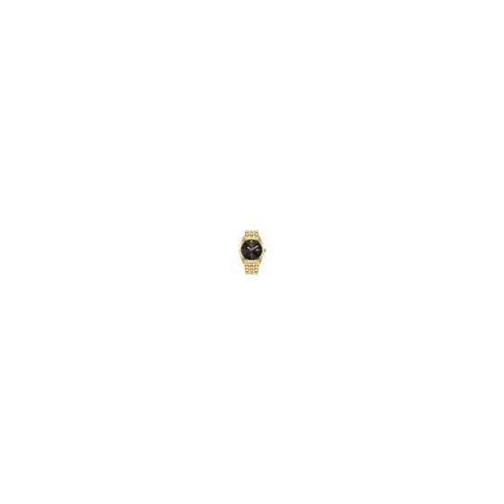 The Corso collection is always in style with timeless elegance. Eco-Drive technology - runs on light never needs a battery replacement. Gold-tone stainless steel 5-link bracelet bezel and case. Black dial with three hands and hour markers. Day of the mont