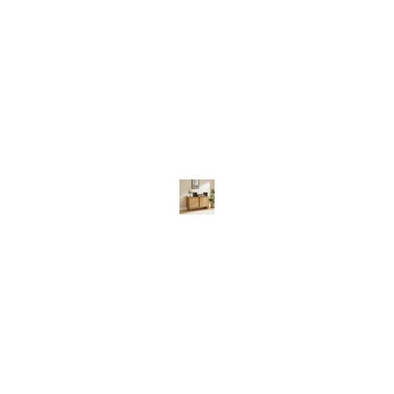 The Gemma Medium Record Player Cabinet features a warm wood finish with mid-century modern style. It has two sliding doors that conceal ample storage for audio components and accessories. There is storage space for up to 200 records with removable wire di