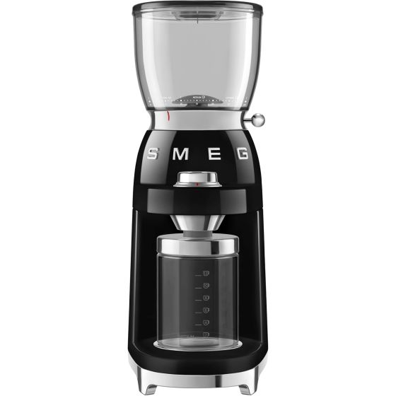 Coffee grinder with retro-style design and stainless-steel housing. Choose from 30 grinding settings for precision grinding. 8 pre-set coffee quantity settings. Conical burr grinder for consistent grind Clear bean chamber shows amount of coffee remaining