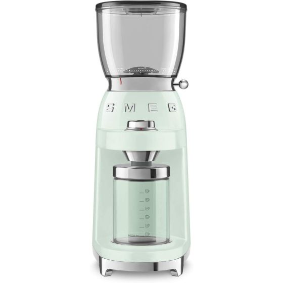 Coffee grinder with retro-style design and stainless-steel housing. Choose from 30 grinding settings for precision grinding. 8 pre-set coffee quantity settings. Conical burr grinder for consistent grind Clear bean chamber shows amount of coffee remaining