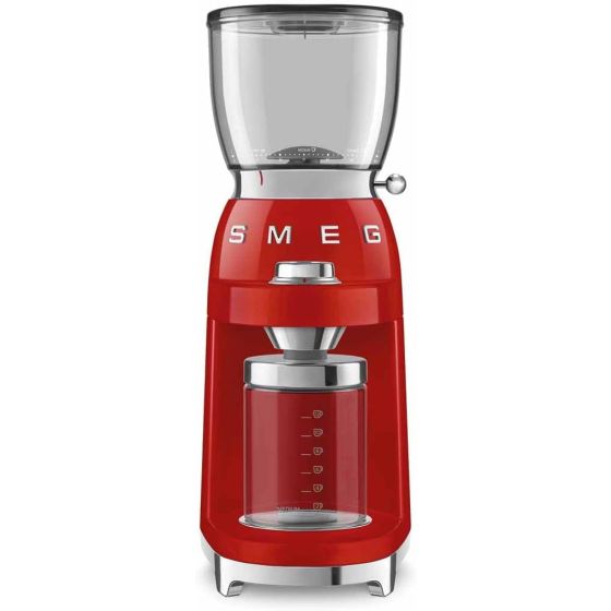 Coffee grinder with retro-style design and stainless-steel housing. Choose from 30 grinding settings for precision grinding. 8 pre-set coffee quantity settings. Conical burr grinder for consistent grind Clear bean chamber shows amount of coffee remaining