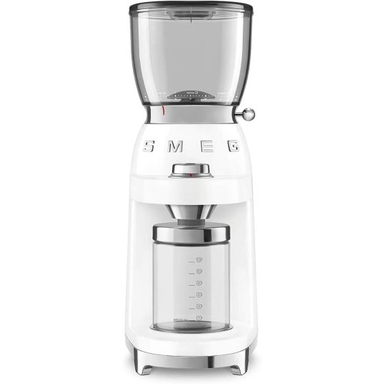 Coffee grinder with retro-style design and stainless-steel housing. Choose from 30 grinding settings for precision grinding. 8 pre-set coffee quantity settings. Conical burr grinder for consistent grind Clear bean chamber shows amount of coffee remaining