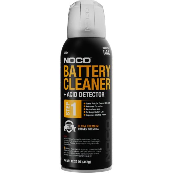 The E404 Battery Cleaner and Acid Detector features a specialized foaming agent which turns pink upon contact with battery acid. It instantly neutralizes, dissolves, and removes battery corrosion from battery terminals, cables, hold-downs, battery boxes a