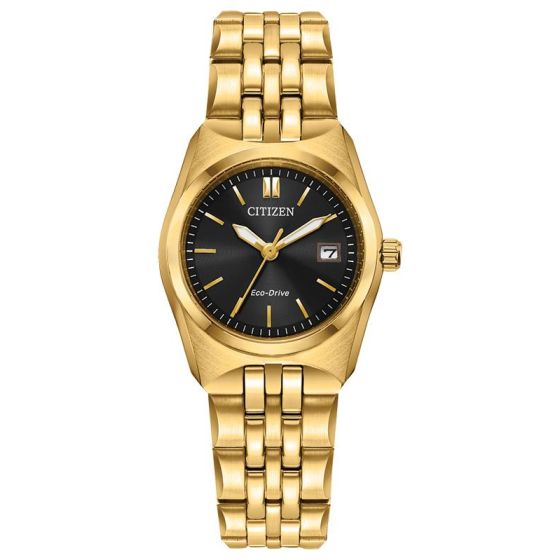 A classic timepiece is always in style in the Corso ladies' watch. Featuring a subtly sized 27mm case in elegant gold-tone stainless steel, the signature shape of the watch gracefully extends into its integrated bracelet. A fold-over clasp closure with hi