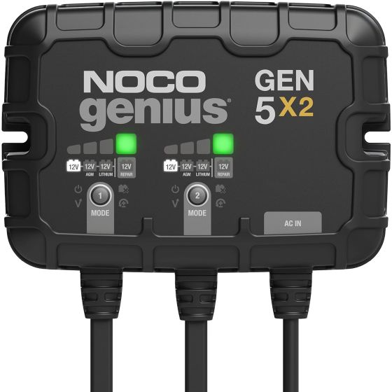 Meet the all-new GEN5X2. Similar to our GENM2, only better. It's 27% smaller and delivers 43% more power. It's one of the best performing onboard marine battery chargers we have ever made. A two-bank onboard battery charger rated at 10-amps (5-amps per ba