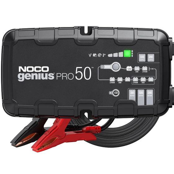 Introducing the all-new GENIUSPRO50, a 6-volt,12-volt, and 24-volt fully-automatic professional smart charger, maintainer, power supply, and battery-desulfator with temperature compensation rated at 50-amps for all types of automotive, marine, and deep-cy