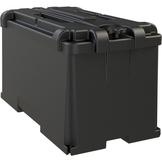 The HM408 features a four-corner fastening system and captive lid for easy installation, large cable entry holes for heavy gauge wires, full flow ventilation for releasing battery gasses, and a large battery acid reservoir. The design provides ultimate pr