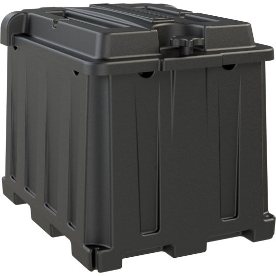 The HM426 features a four-corner fastening system and captive lid for easy installation, large cable entry holes for heavy gauge wires, full flow ventilation for releasing battery gasses, and a large battery acid reservoir. The design provides ultimate pr