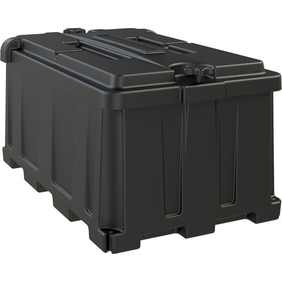 The HM484 features a four-corner fastening system and captive lid for easy installations, large cable entry holes for heavy gauge wires, full flow ventilation for releasing battery gasses, and a large battery acid reservoir. The design provides ultimate p