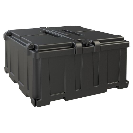 The HM485 features a four corner fastening system and captive lid for easy installations, large cable entry holes for heavy gauge wires, full flow ventilation for releasing battery gasses, and a large battery acid reservoir.