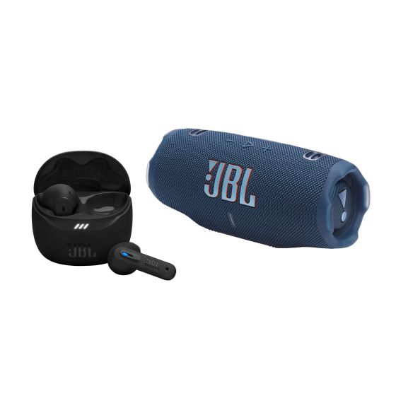 Charge 6 Portable Waterproof Speaker. JBL Pro Sound. AI Sound Boost. 24 Hour playtime + 4 hours with Playtime Boost. Built-in power bank. JBL Portable app. Tune Flex 2 Noise Cancelling True Wireless Earbuds. JBL Pure Bass Sound w/ Spatial Sound. Adaptive 