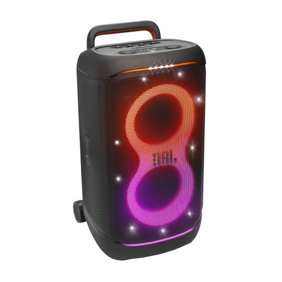 Electrifying sound with AI Sound Boost - analyzes music in realtime for max acoustic performance. Glowing light patterns and strobe effects. Up to 15 hours of play time. Multi-speaker connection by Auracast. Telescopic handle and wide sturdy wheels. IPX4 