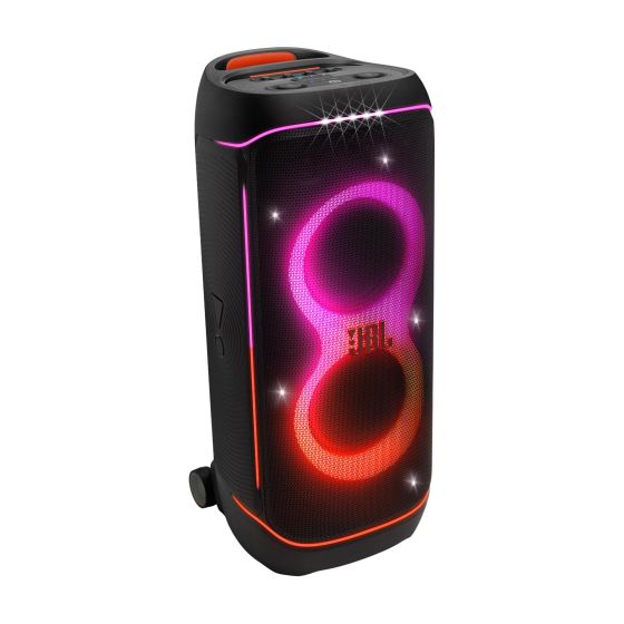 Superior JBL Pro Sound. Futuristic lightshow. Up to 15 hours playtime. Ergonomic integrated handle and wider sturdy wheels. IPX4 Splash proof. Multi-speaker connection by Auracast. Control your party right from the JBL PartyBox app. Seamless high-quality 