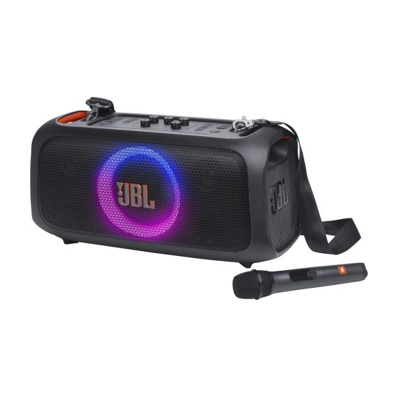 JBL Pro Sound - 100 watts of power delivers crisp highs pure mids and heavy bass. Preset pattern lights on grill sync to the music and dazzles your guests. Comes with wireless microphone for karaoke fun. Bluetooth streams music wirelessly. IPX4 Rated spla