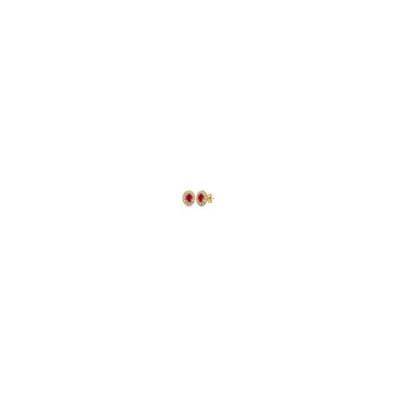 These lovely 14k white gold gemstone stud earrings feature genuine rubies measuring 4x3mm, set into a fiery ring of brilliant-cut diamonds in a halo fashion for extra sparkle. Classic and pretty for any occasion. 14k white gold; .10twt round brilliant-cut